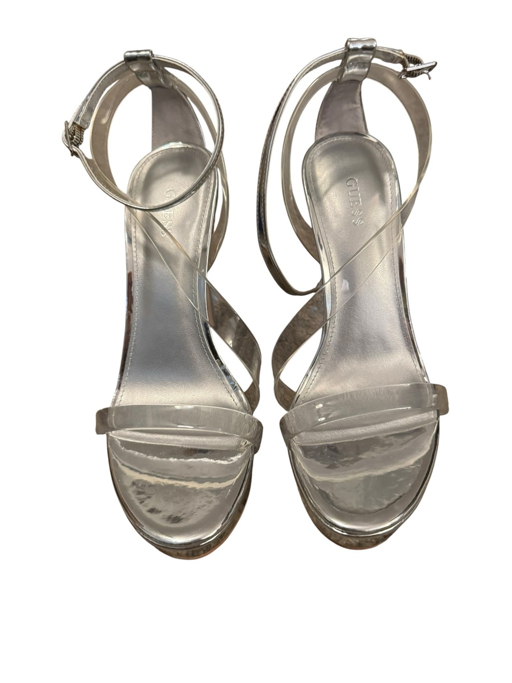 GUESS Casilda Silver Clear Strap Stiletto Sandals Women’s size 8.5 - Picture 2 of 7